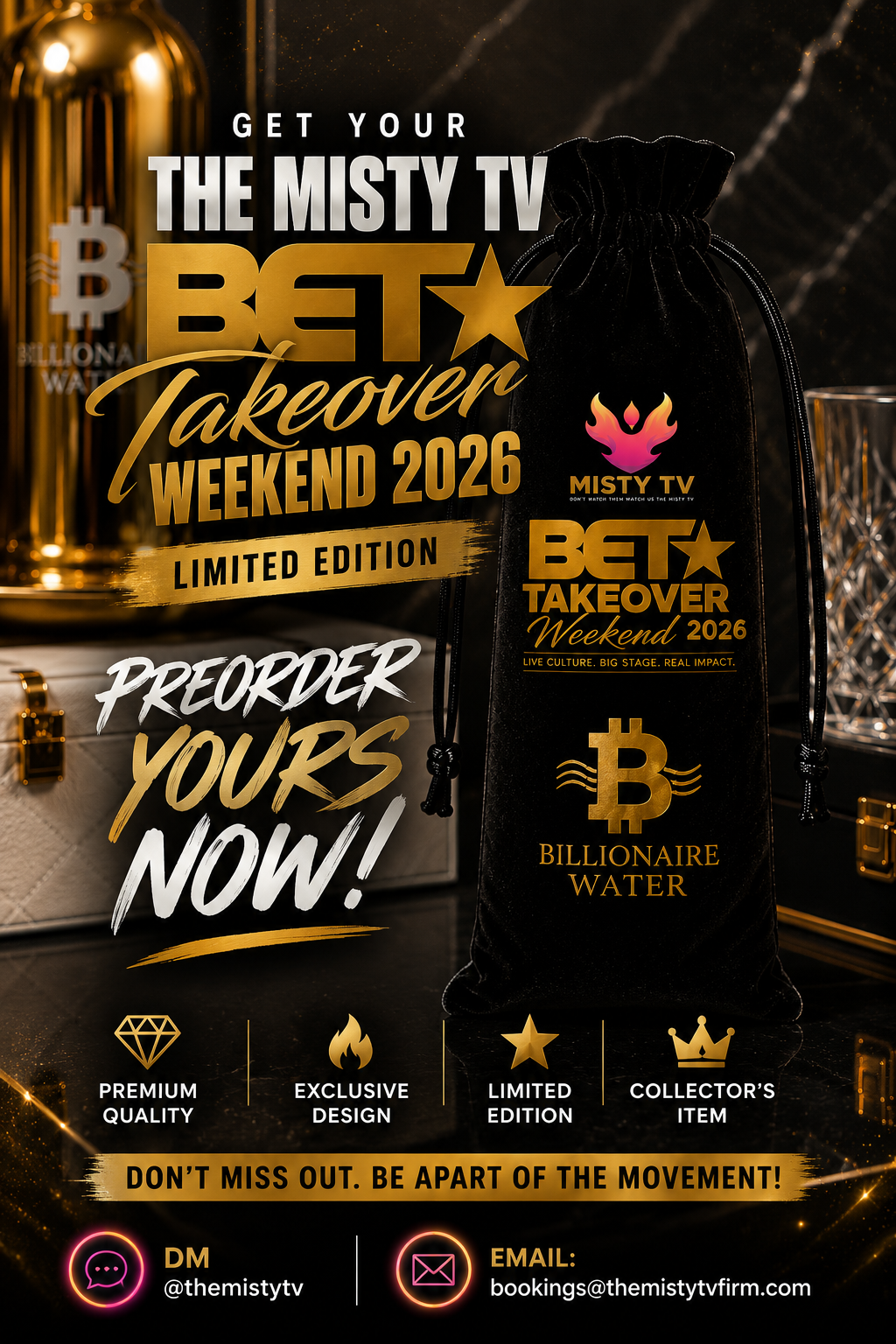 Misty TV BET Takeover Weekend 2026 Billionaire Water limited edition bag preorder flyer
