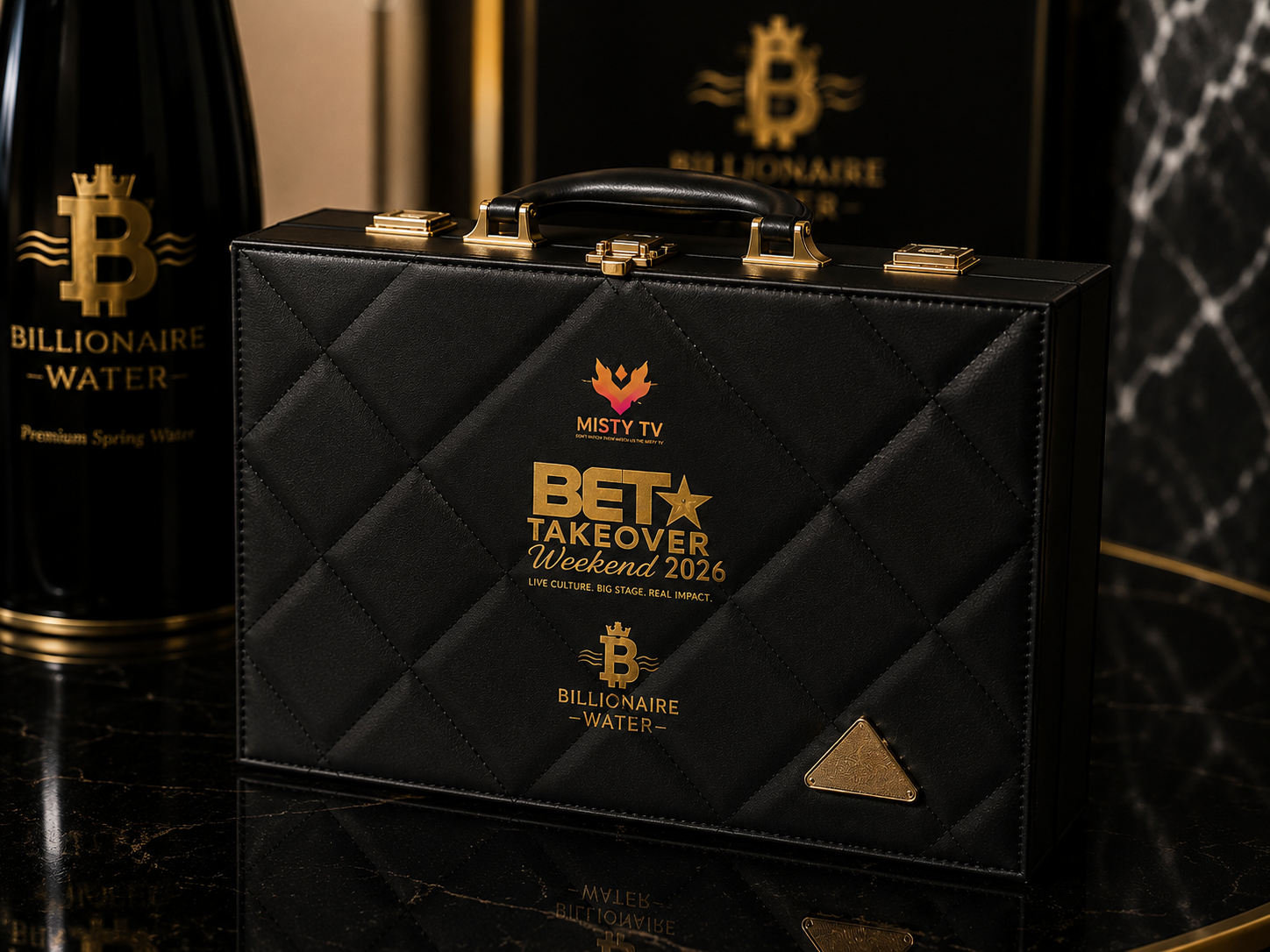 Misty TV and Billionaire Water limited edition BET Takeover Weekend suitcase
