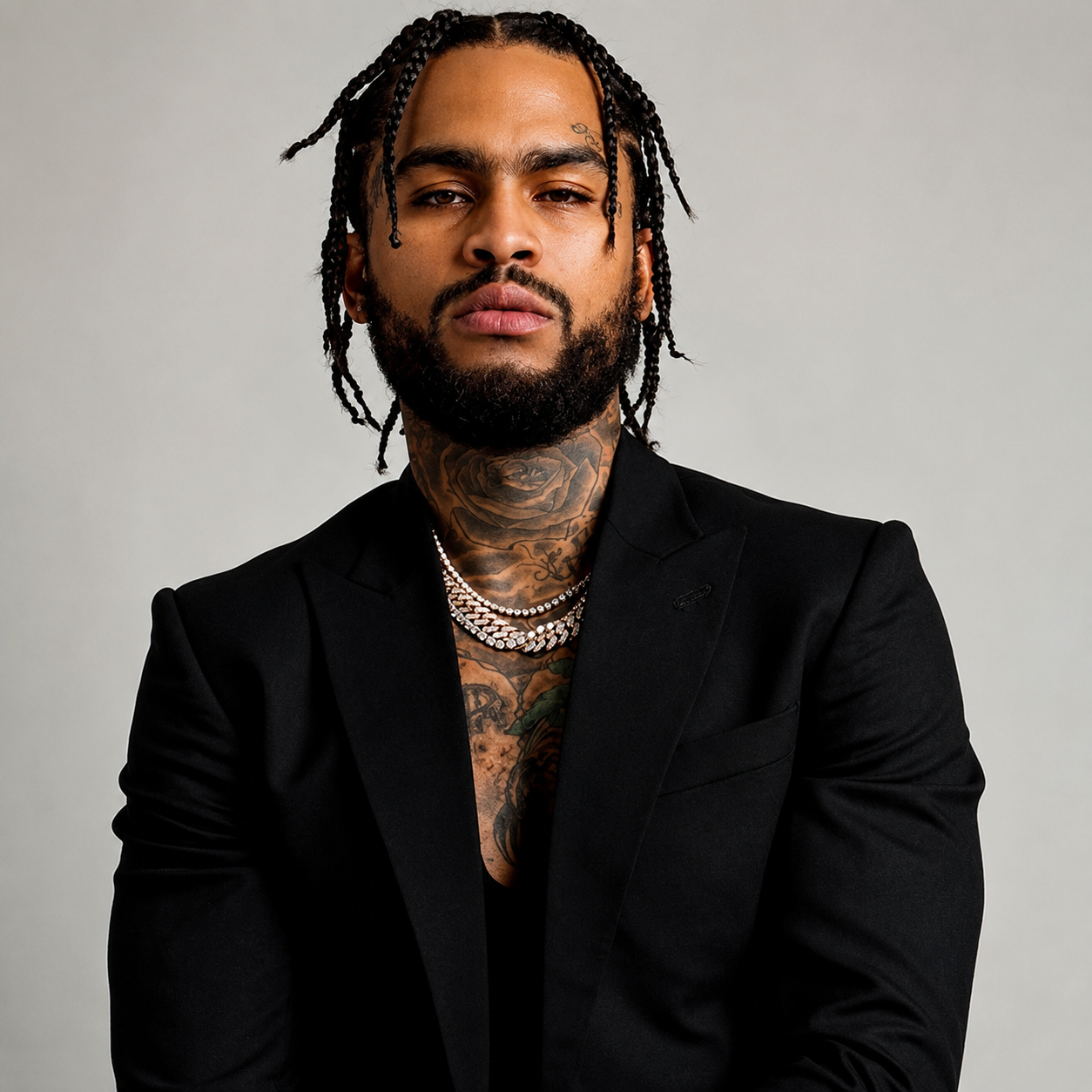 Dave East wearing a black suit