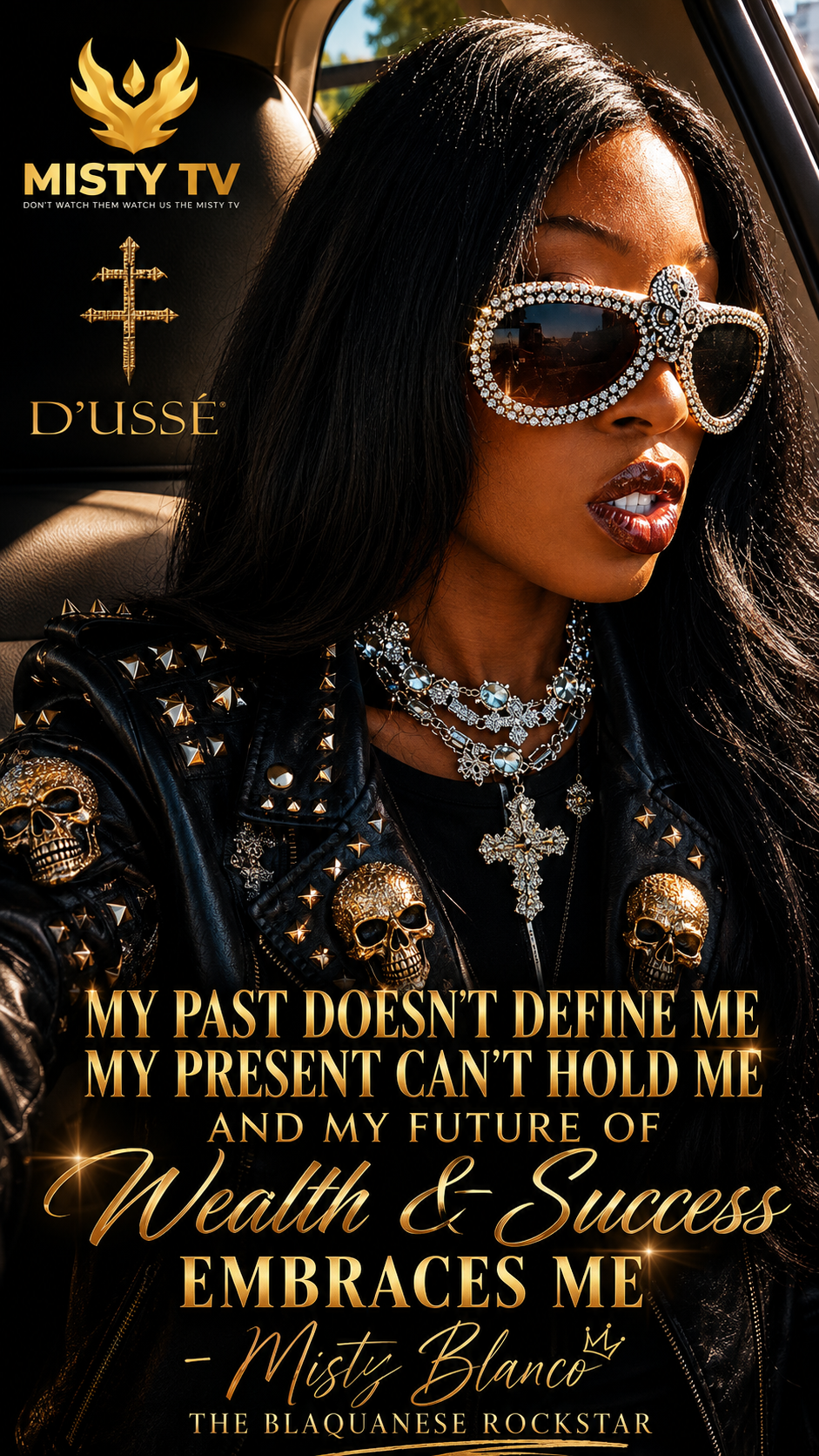 Misty Blanco in a black and gold D’USSÉ editorial portrait