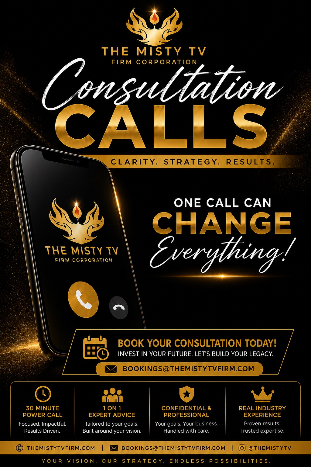 The Misty TV Firm Corporation 30 minute business strategy consultation flyer for professional brand and career guidance