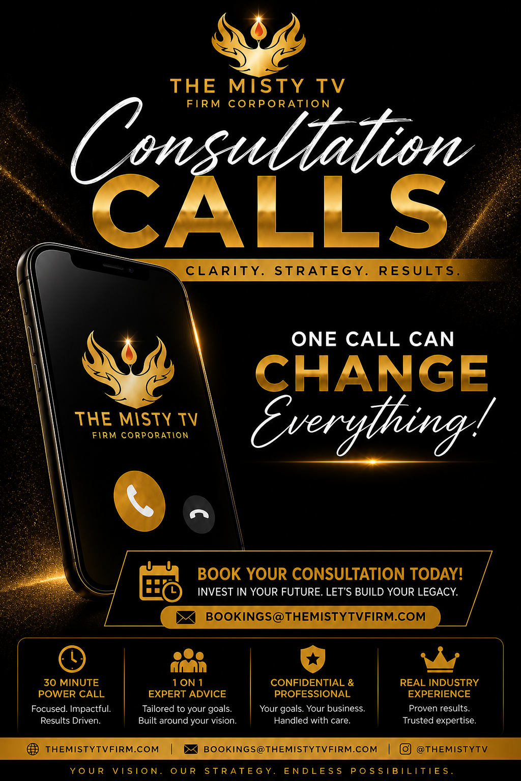 The Misty TV Firm Corporation 30 minute business strategy consultation flyer for professional brand and career guidance