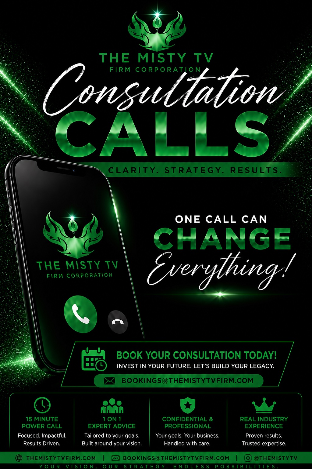 The Misty TV Firm Corporation consultation calls flyer for 15 minute information consultation booking