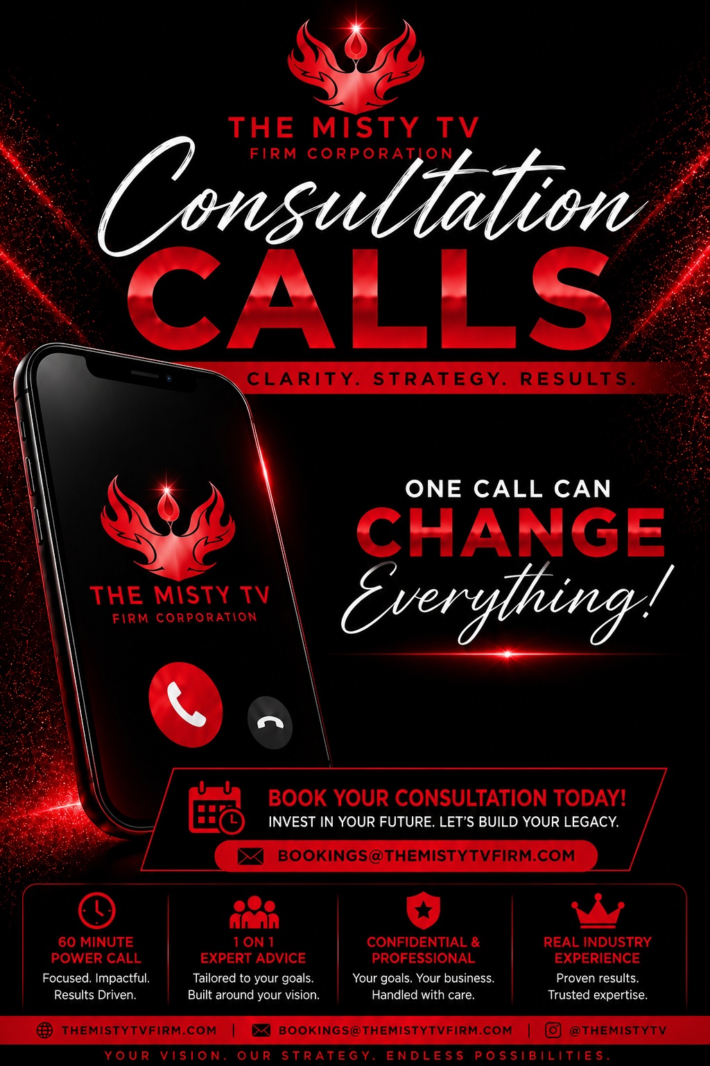 The Misty TV Firm Corporation 60 minute executive business strategy consultation flyer for premium business roadmap planning