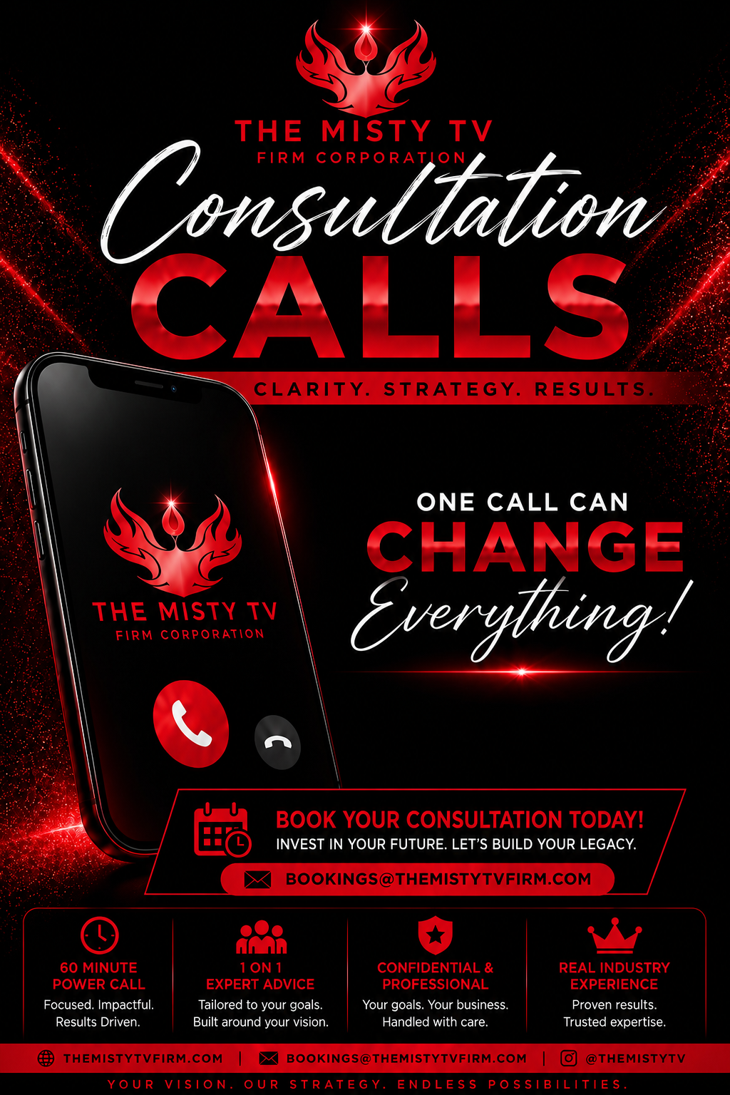 The Misty TV Firm Corporation 60 minute executive business strategy consultation flyer for premium business roadmap planning