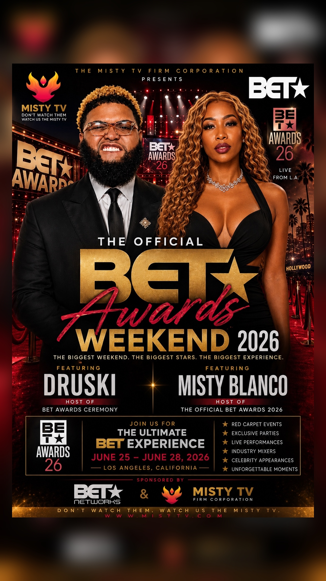 Official BET Awards Weekend 2026 flyer featuring Misty Blanco