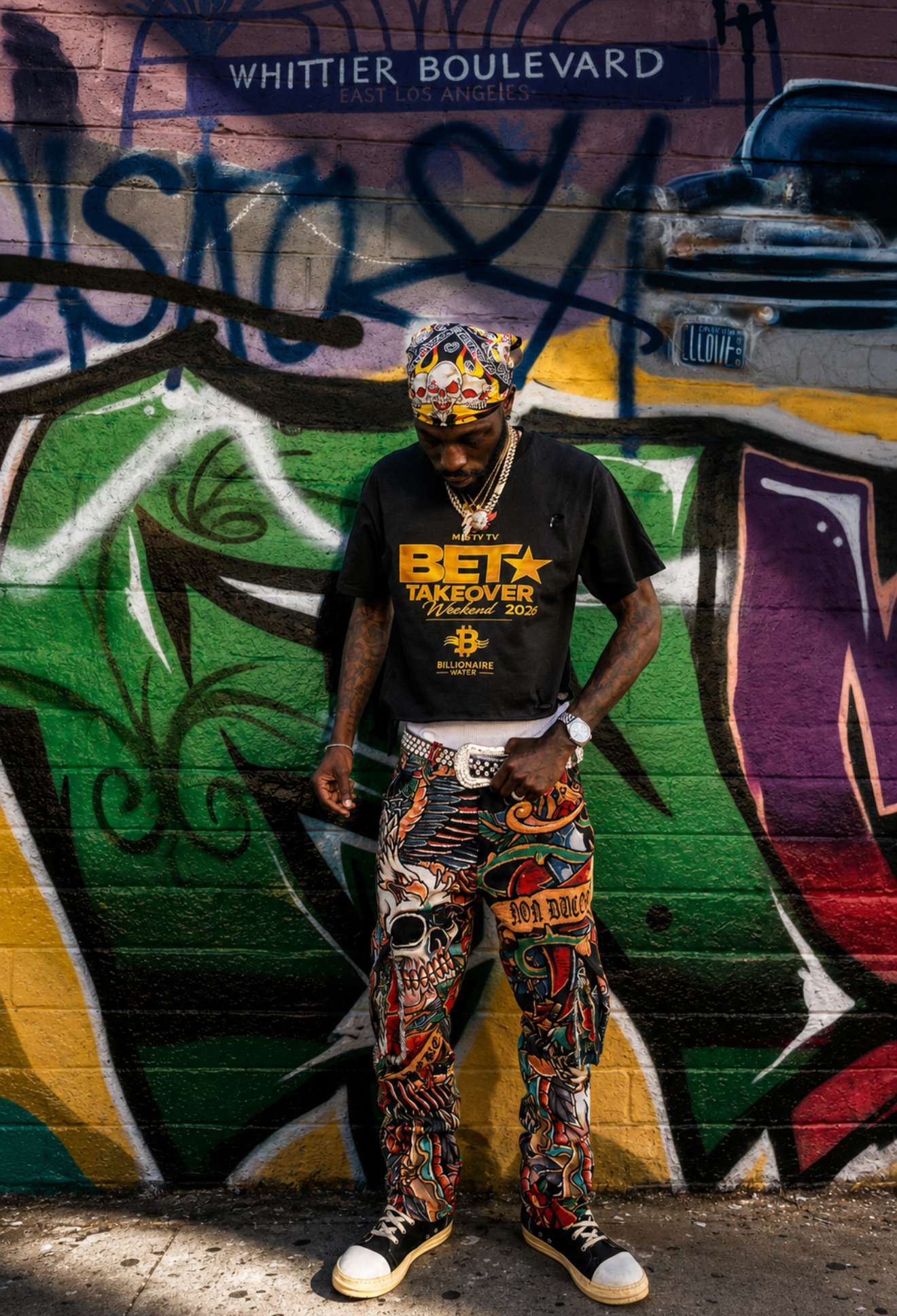 Misty TV Firm street style portrait at Whittier Boulevard mural in East Los Angeles during BET Weekend coverage