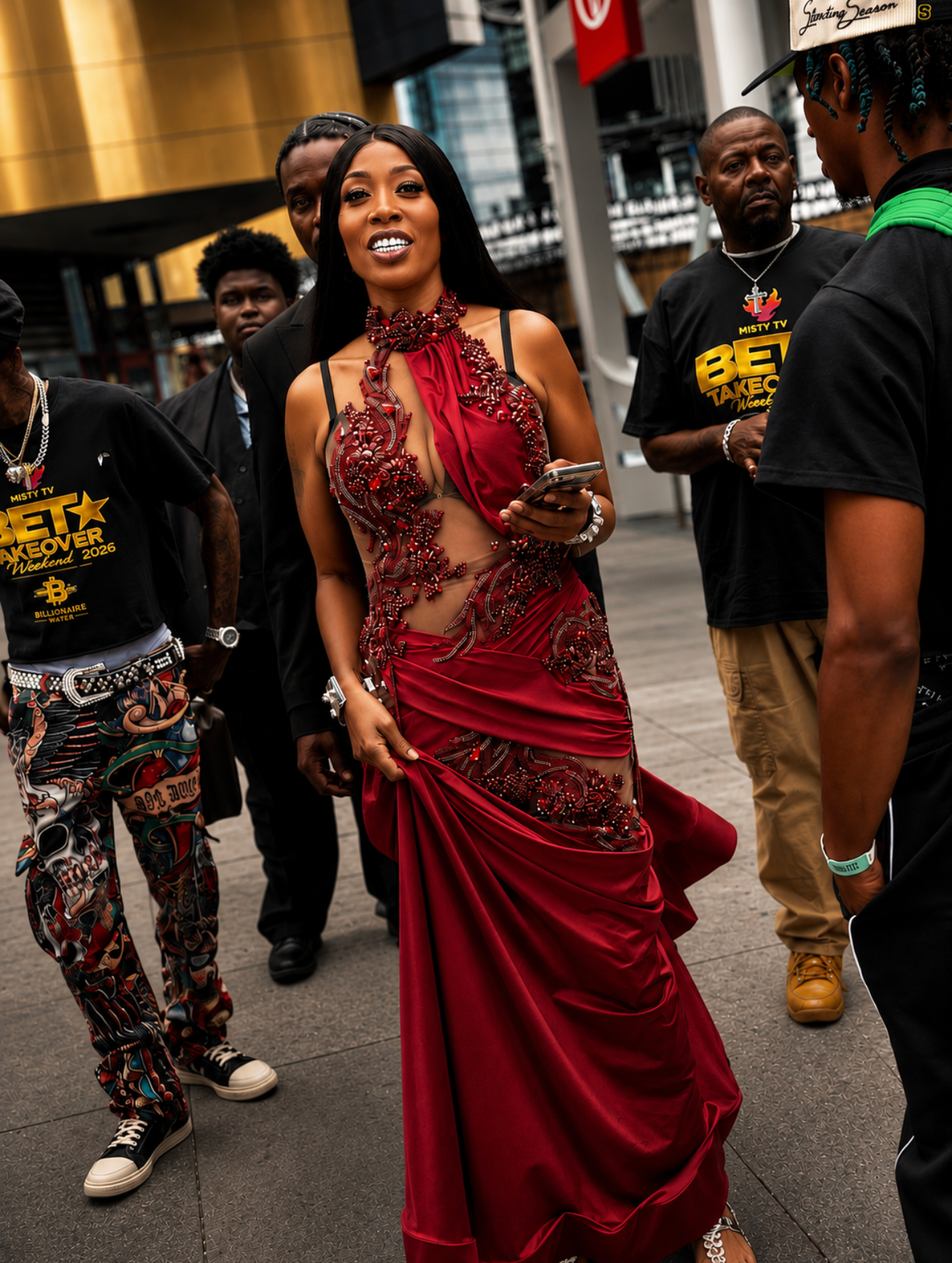 Misty Blanco arriving in a red dress with The Misty TV Firm team outside BET Awards Weekend venue