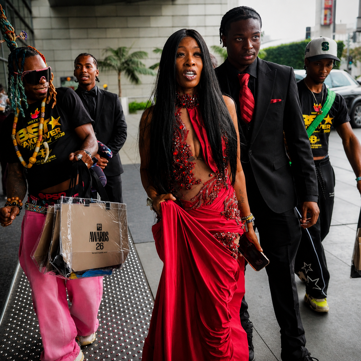 Misty Blanco arriving with The Misty TV Firm team outside the BET Awards 2026 venue in Los Angeles