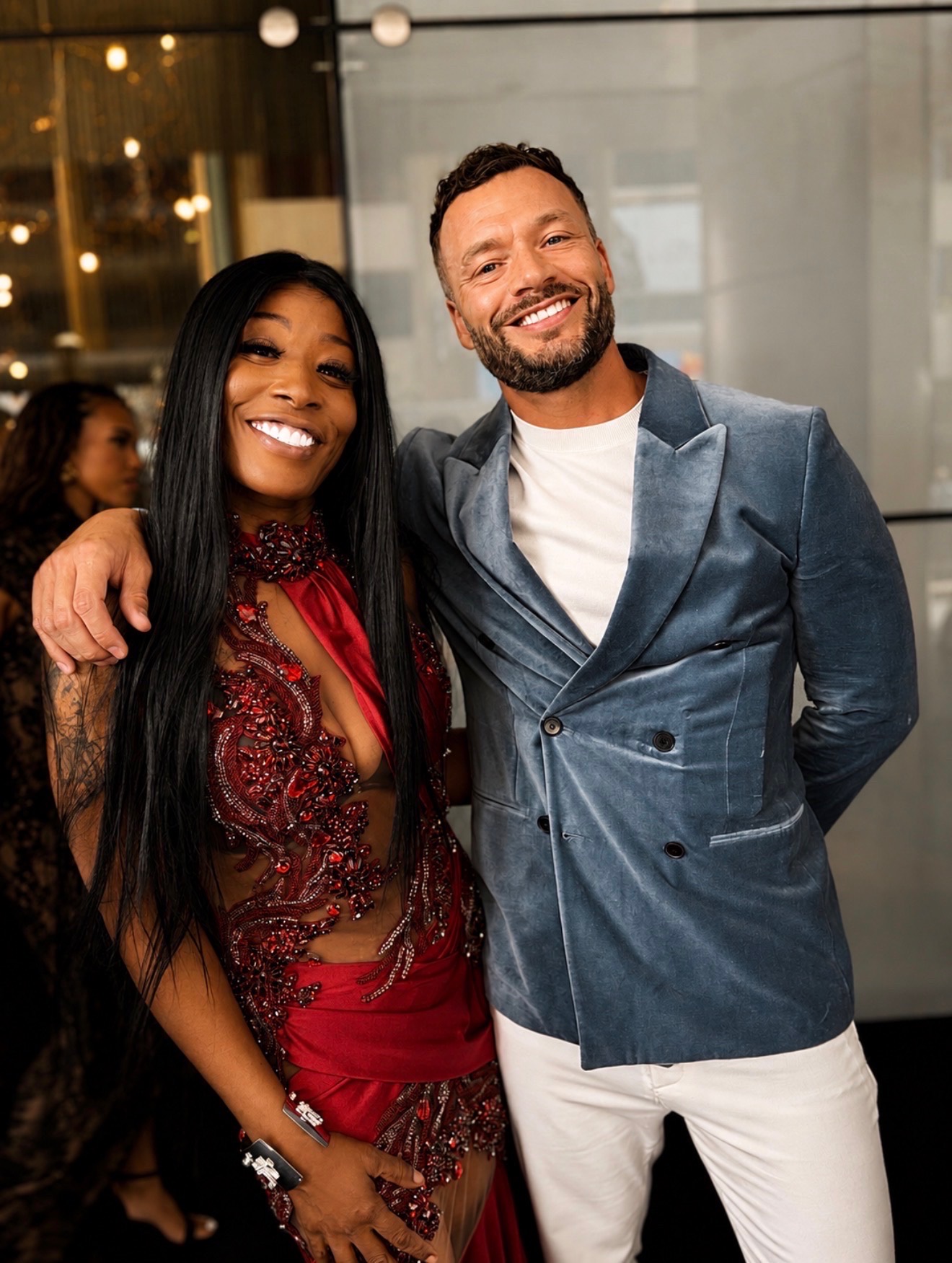 Misty Blanco with a blue velvet jacket guest during BET Weekend 2026 entertainment media coverage