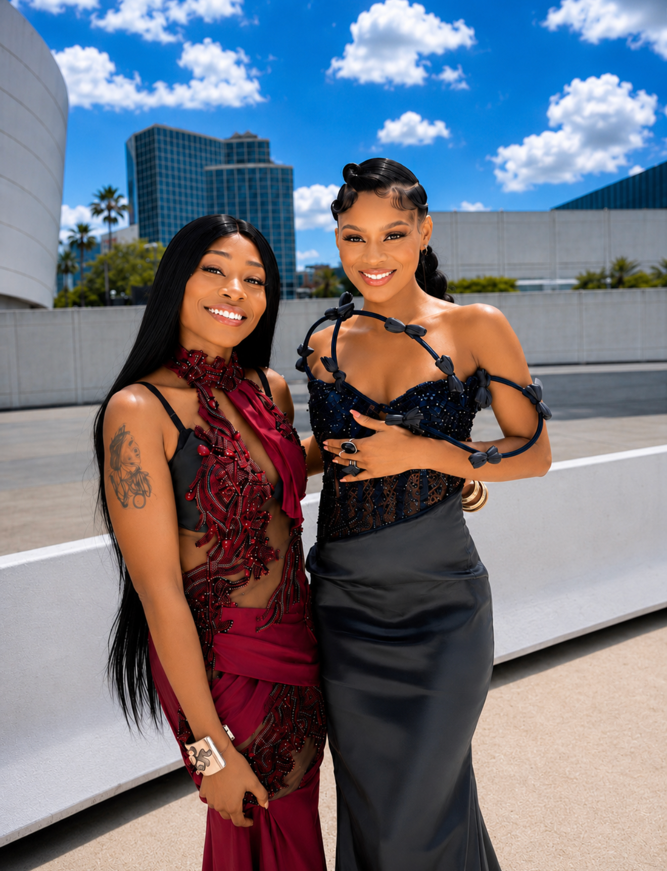 Misty Blanco outdoors with a black dress guest during BET Weekend 2026 celebrity event coverage