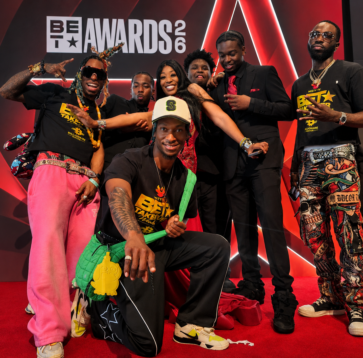 Misty Blanco smiling with The Misty TV Firm crew at BET Awards 2026 red carpet media event